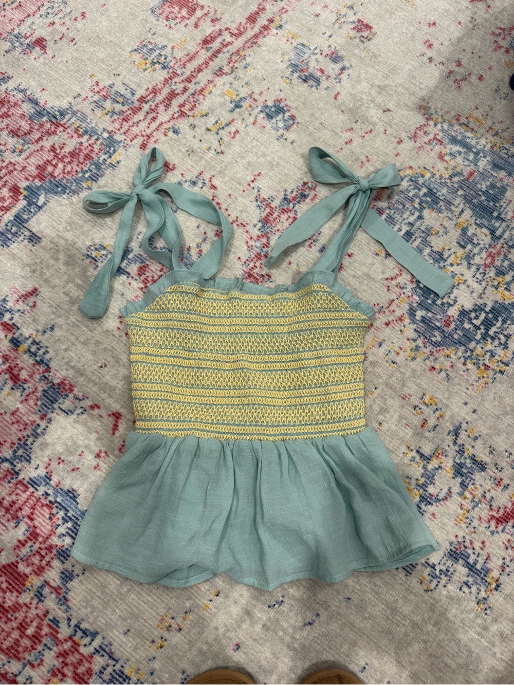 Tie-Shoulder Smocked Peplum Top in Seafoam and Yellow